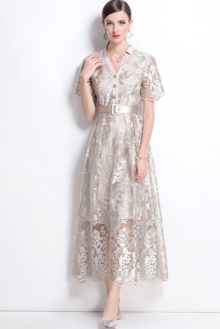Luxe Embroidered Lace Midi Dress with Belt - 901024775521_APRICOT