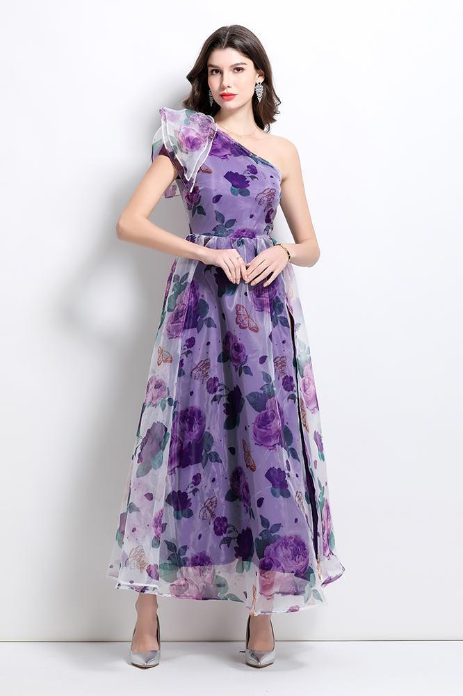 Purple Floral One-Shoulder Maxi Dress