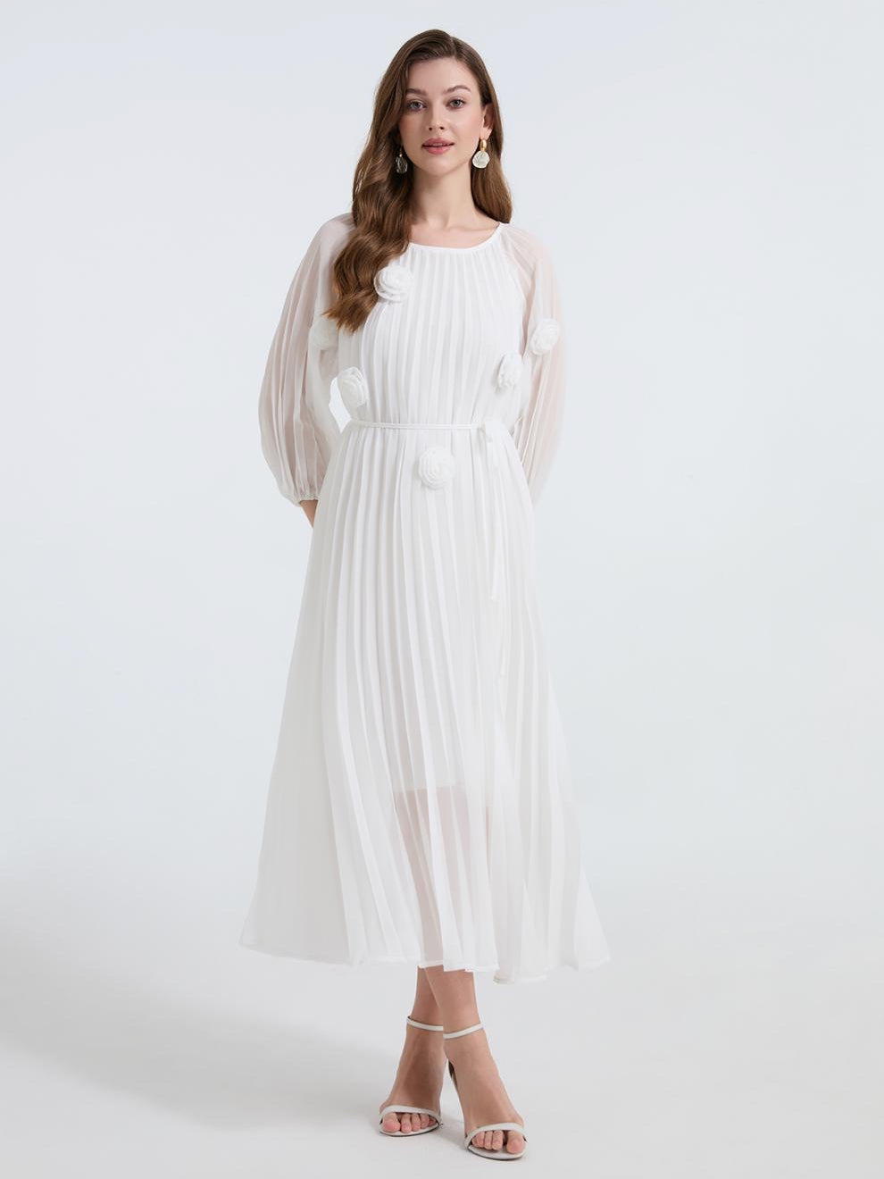 Snow Petal Pleated Chiffon Dress - 906472342218_WHITE
