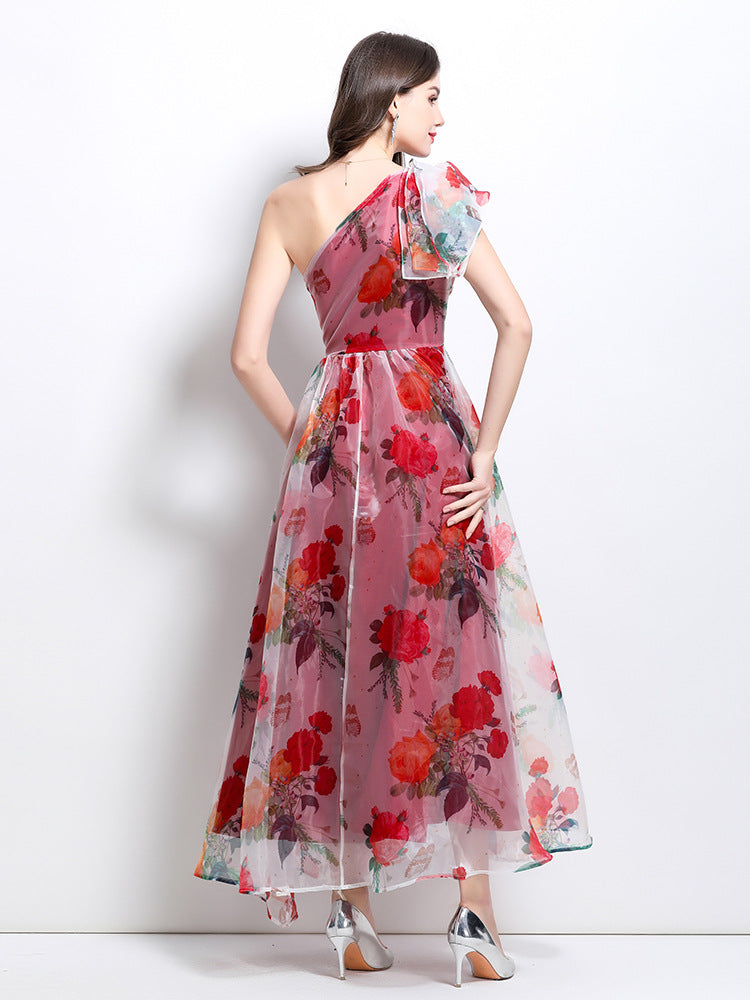 One-Shoulder Floral Slit Maxi Dress