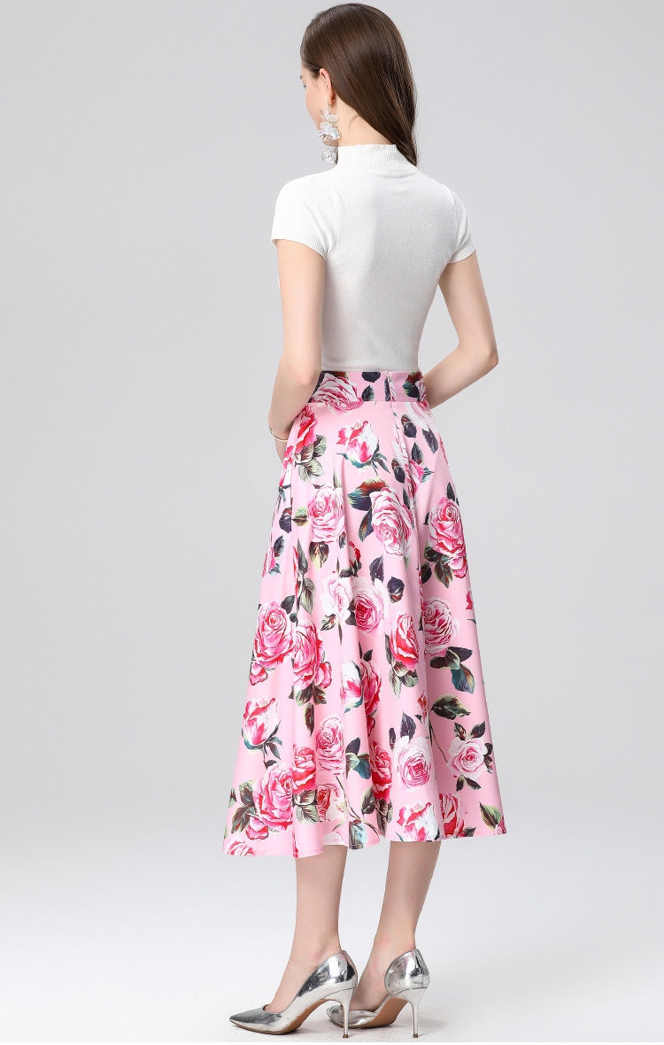 Pink Floral Midi Skirt Two Piece Set