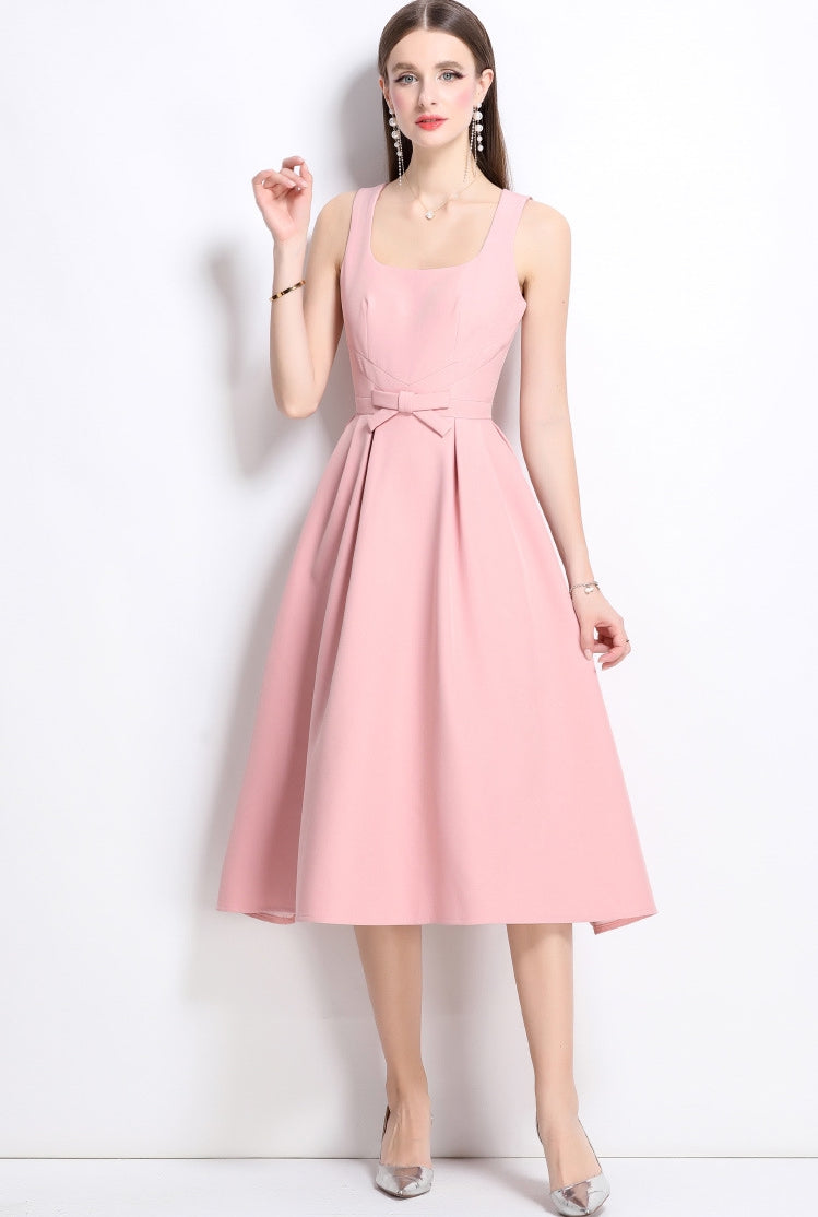 Elegant Rose Midi Bow Dress - 901083289296_PINK