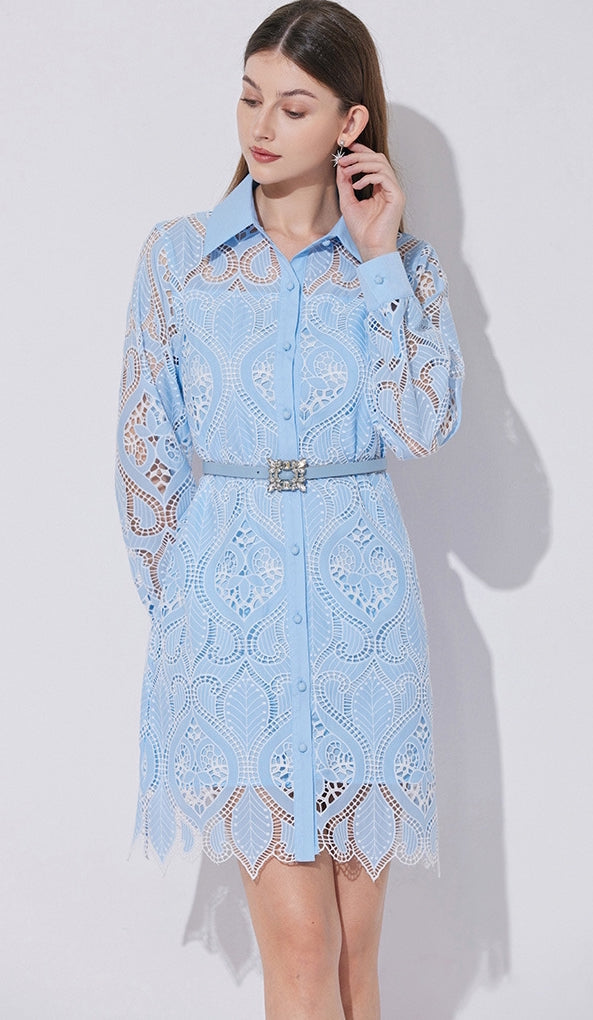 Celestial Eyelet Belted Shirt Dress - 901028103574_BLUE