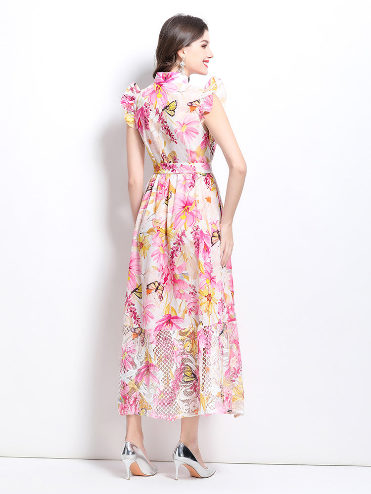 Pink Floral High-Neck Maxi Dress