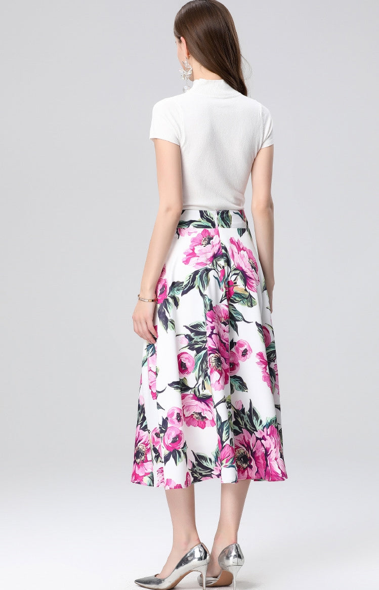 White Floral Midi Skirt Two Piece Set
