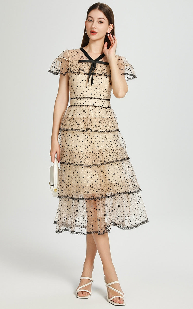 Midnight Dots Sheer Layered Midi Dress - 906831310848_APRICOT