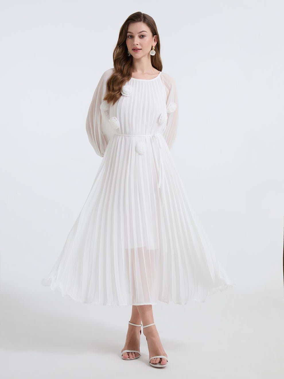 Snow Petal Pleated Chiffon Dress - 906472342218_WHITE