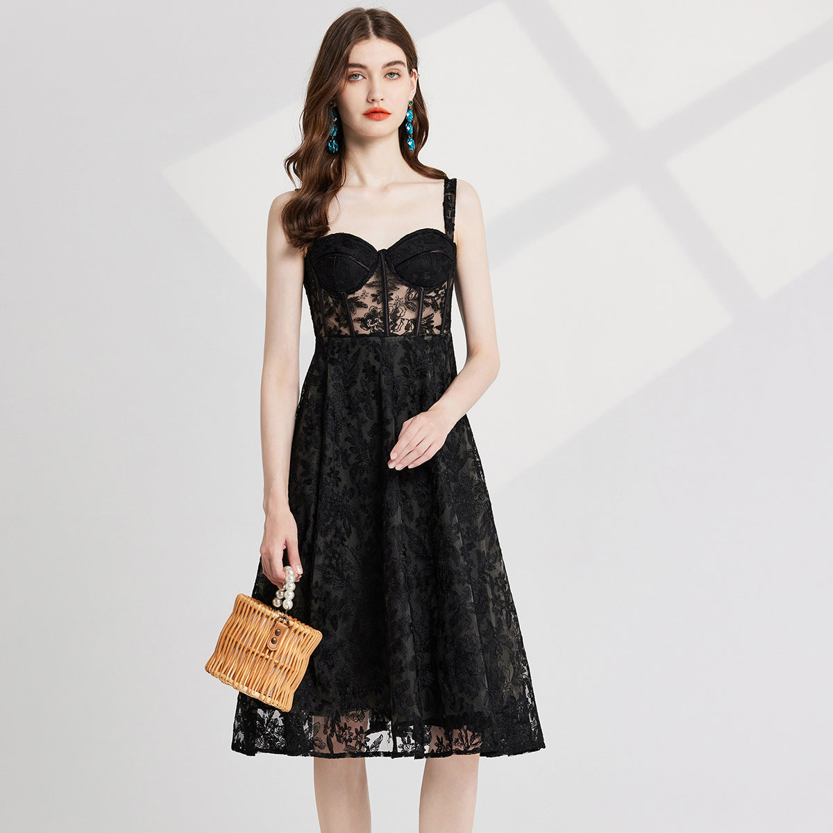 Black Lace Garden Dress with Heavy Embroidered Mesh Flocking and Corset Top - 821764686977_BLA