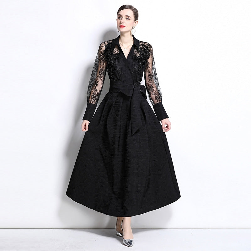 Black Lace Sleeve Belted Maxi Dress