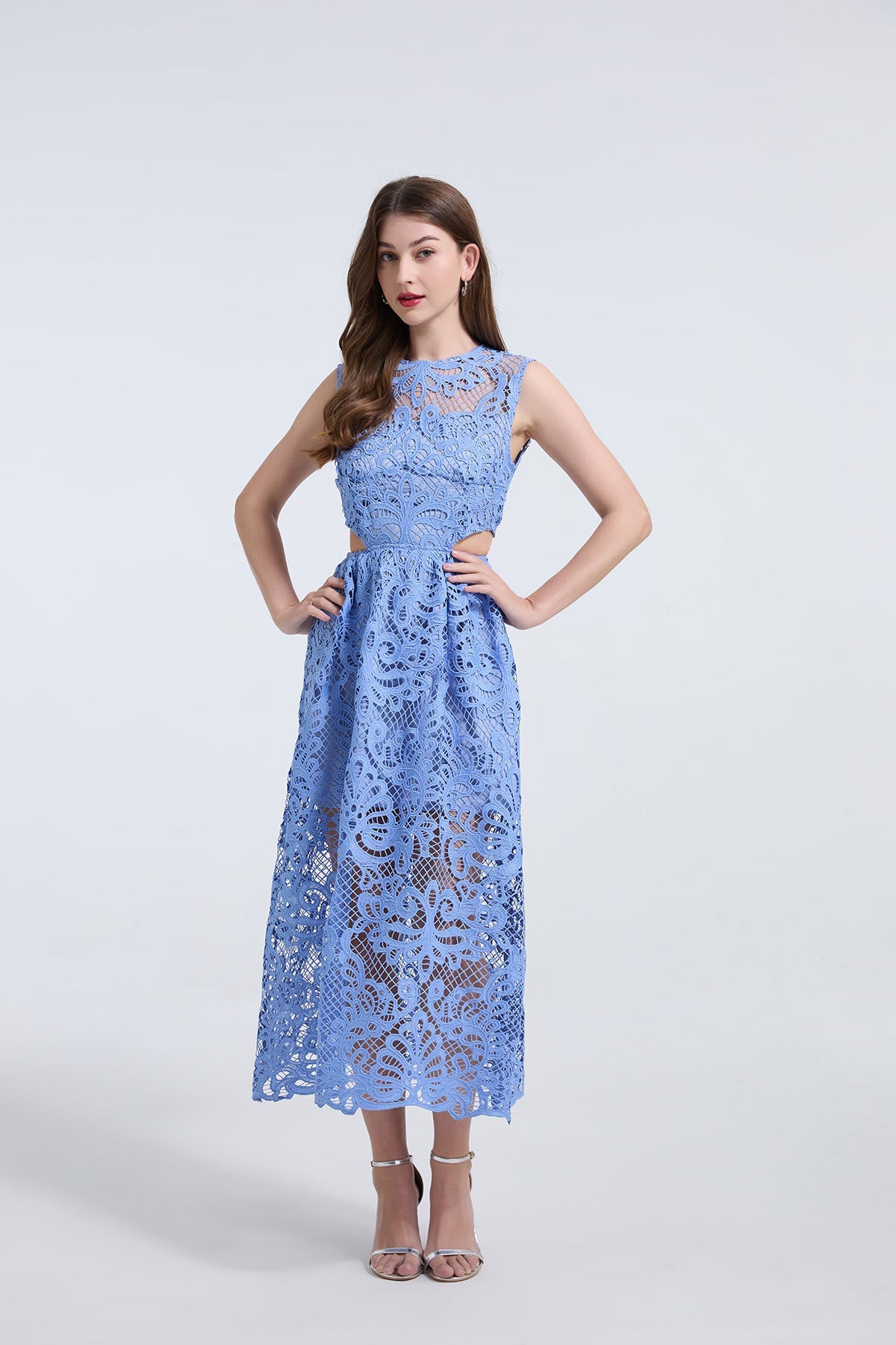 Elegant Sky Blue Lace Midi Dress