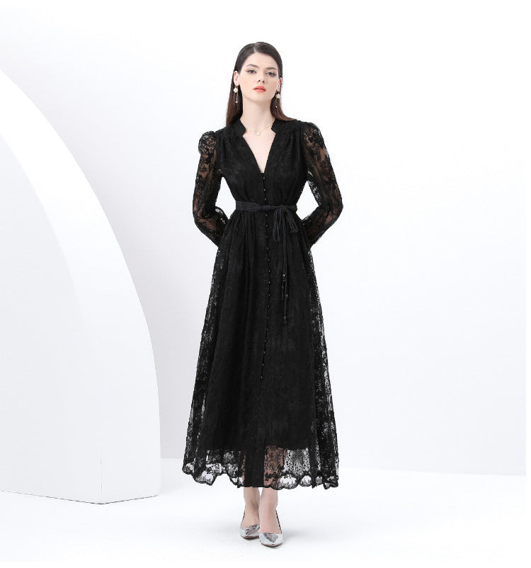 Black Lace Long-Sleeve Maxi Dress