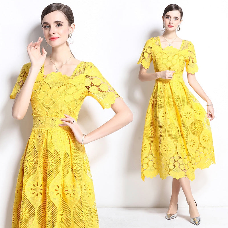 Vibrant Yellow Lace Midi Dress