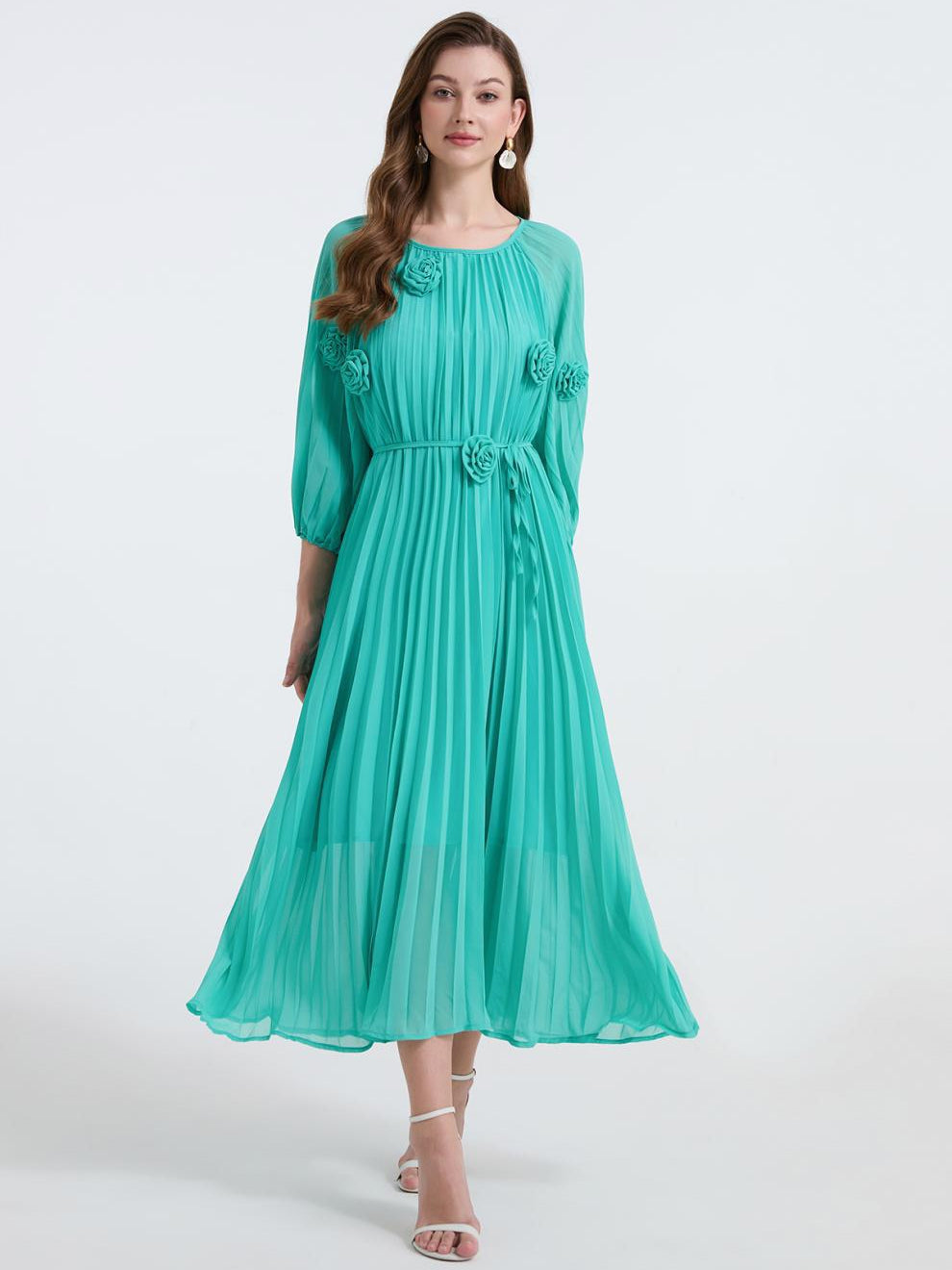 Emerald Breeze Pleated Midi Dress - 906472342218_GREEN