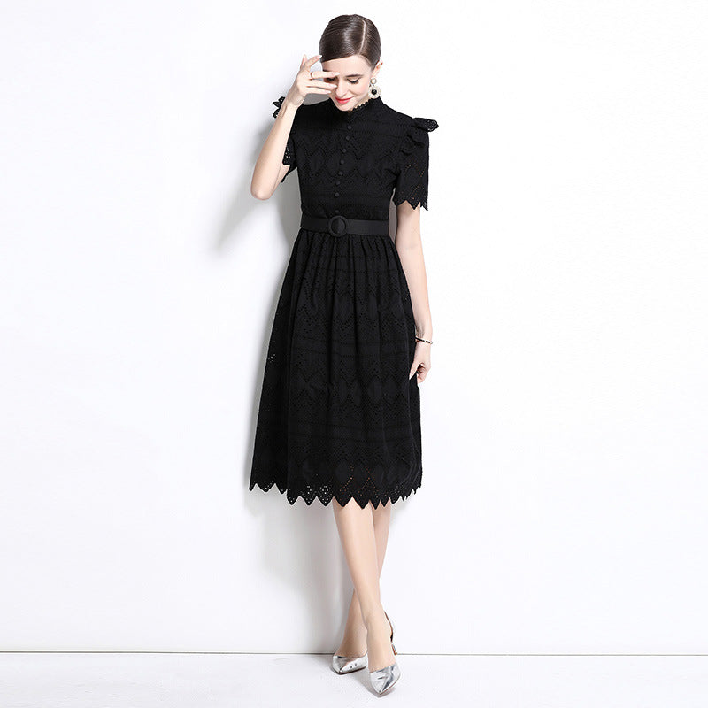 Elegant Black Lace Belted Midi Dress