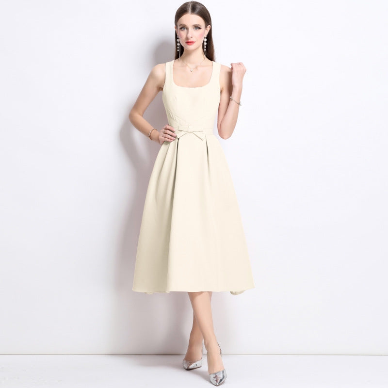 Elegant Ivory Bow Midi Dress - 900623614513_APRICOT