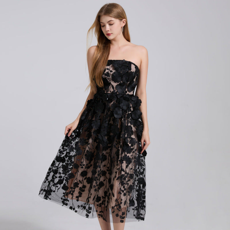 Midnight Bloom Strapless Tulle Dress - 912071976607_BLACK