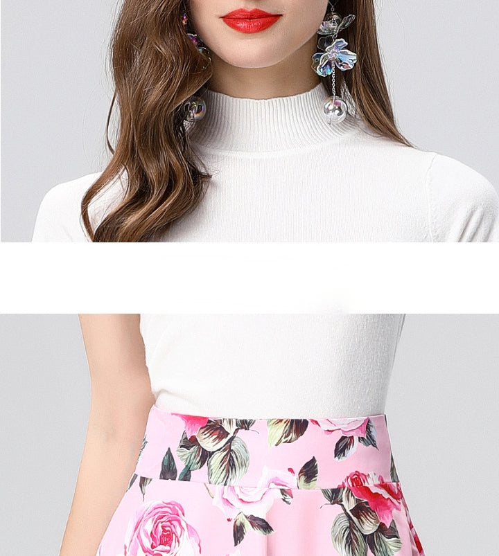 Pink Floral Midi Skirt Two Piece Set