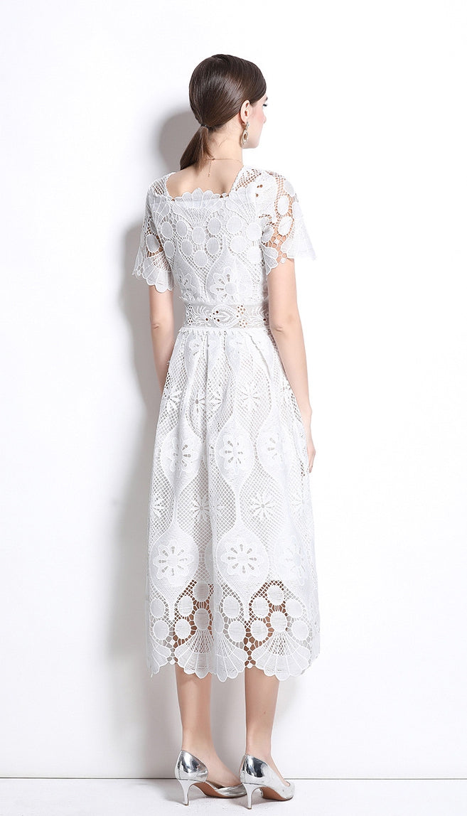 Elegant White Lace Midi Dress