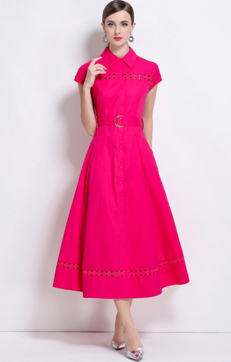 Fuchsia Flair Belted Shirt Dress