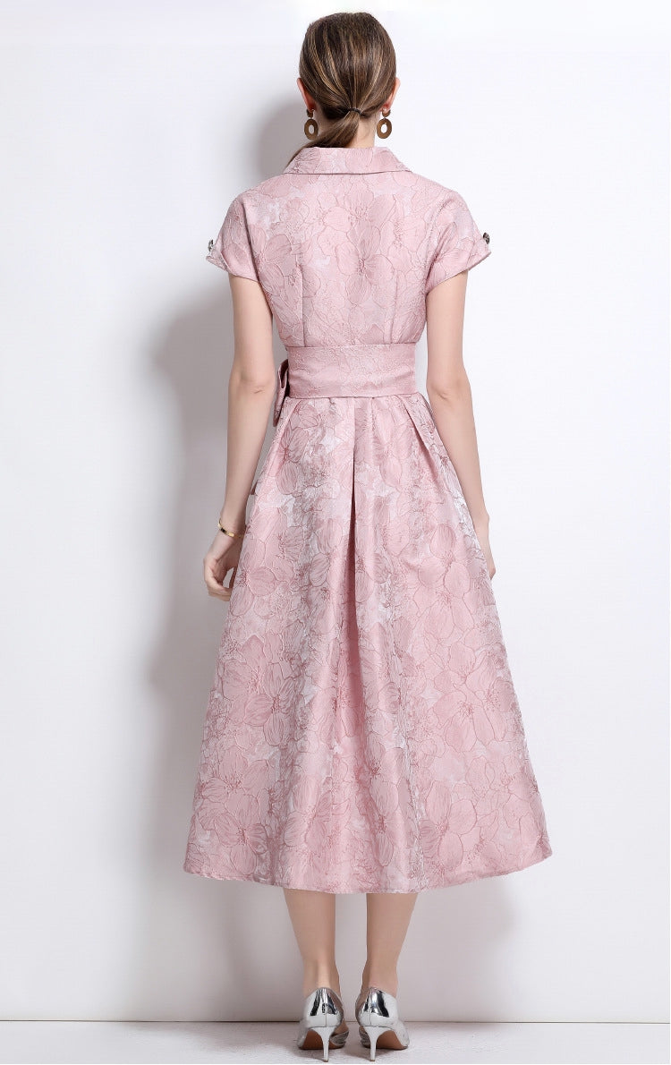 Elegant Rose Brocade Midi Dress - 913663767470_PINK
