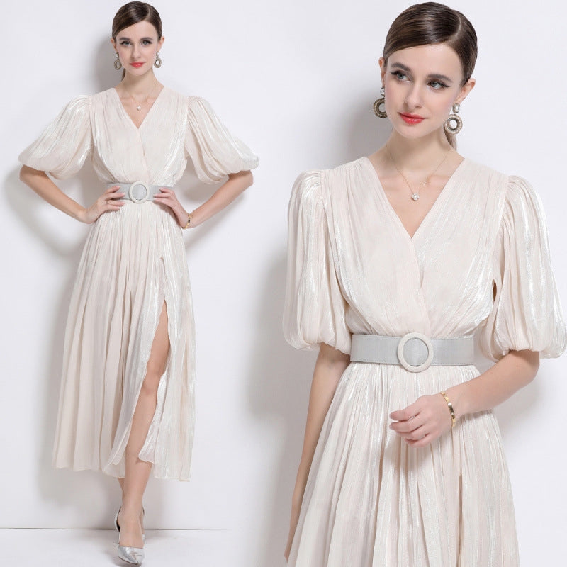 Ivory Grace Pleated Belted Dress - 920551704711_APRICOT