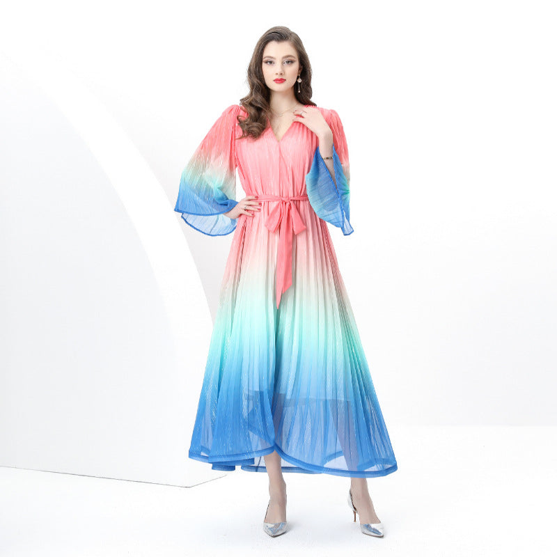 Sunset Glow Ombre Pleated Maxi Dress