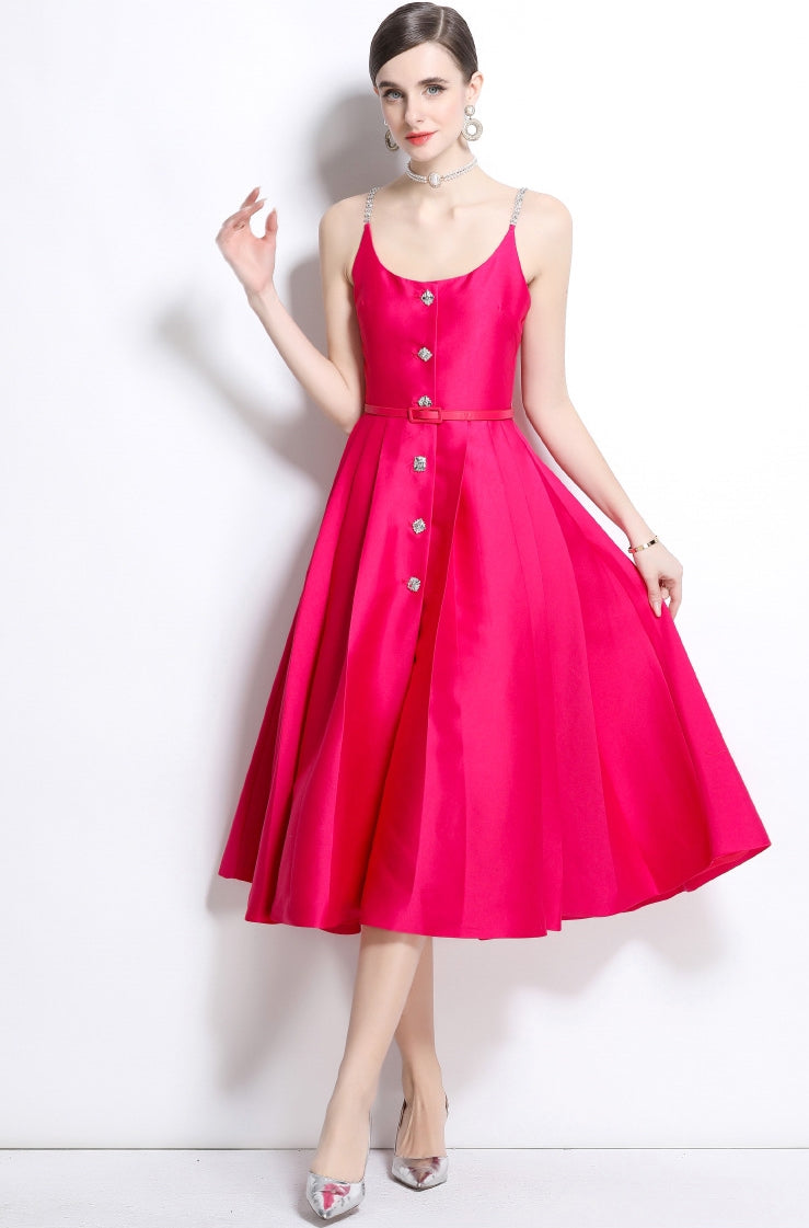 Fuchsia Satin Crystal-Button Midi Dress