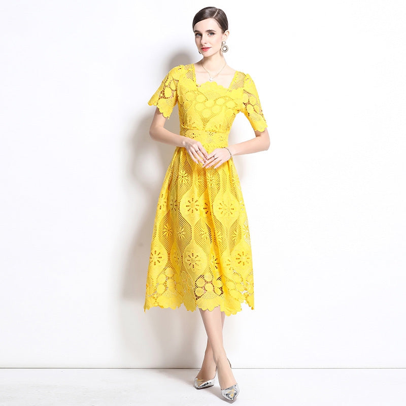 Vibrant Yellow Lace Midi Dress