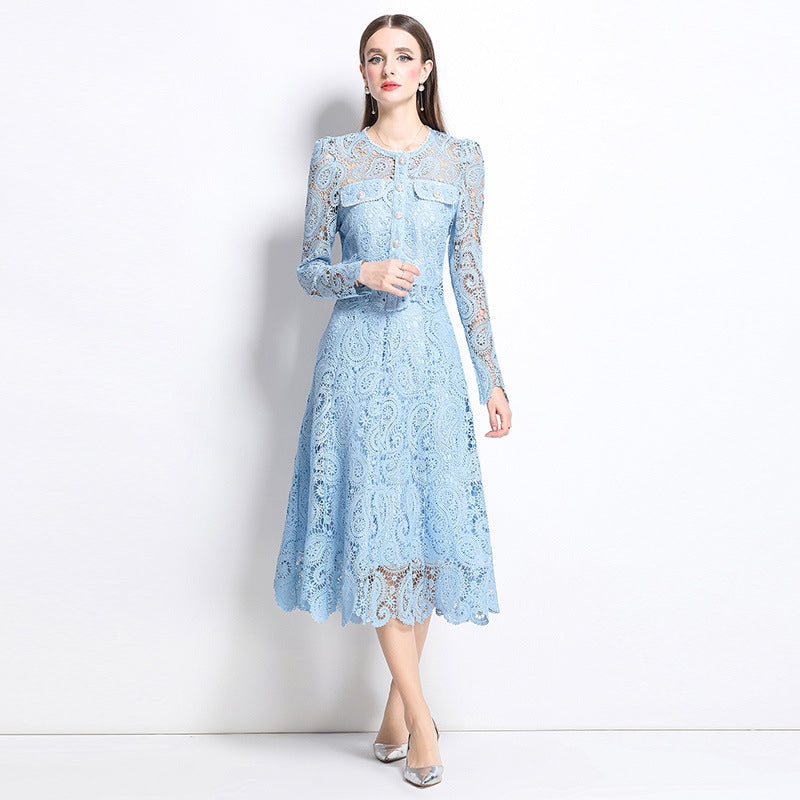 Elegant Long-Sleeve Lace Midi Dress – Sky Blue