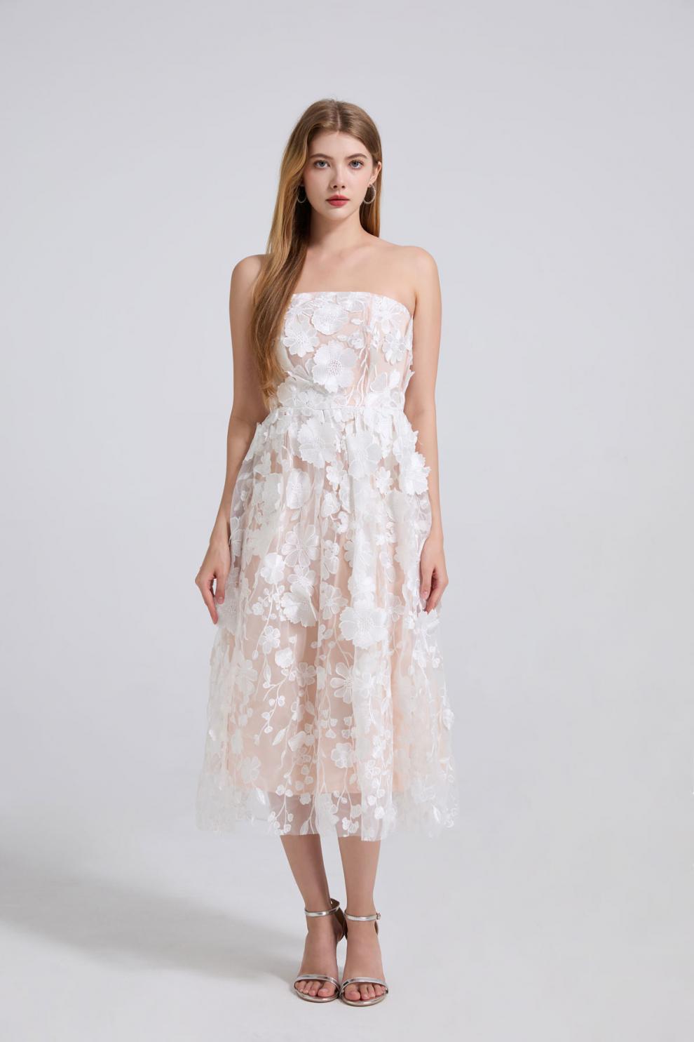 Blossom Veil Strapless White Embroidered Dress - 912071976607_WHITE