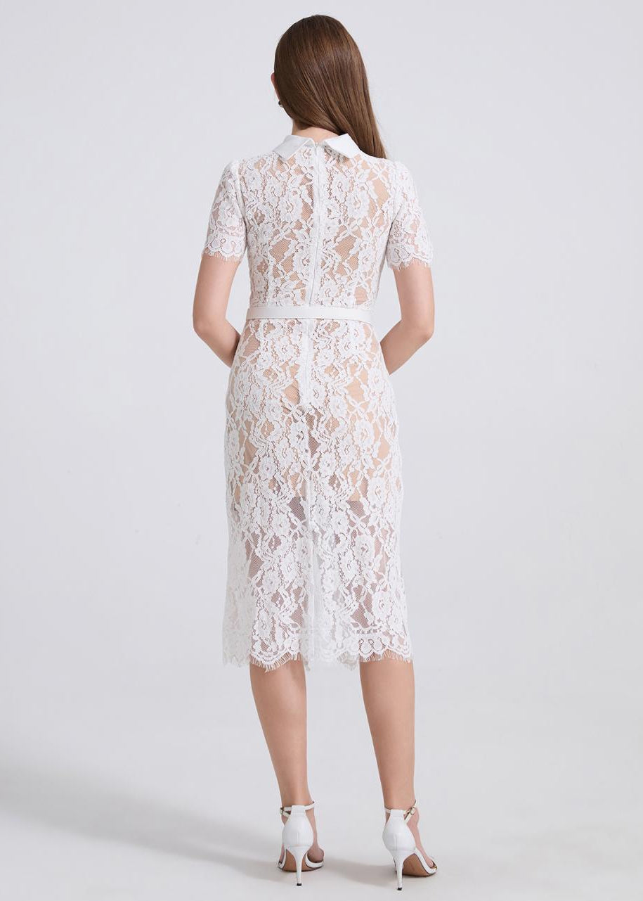 Elegant White Lace Button-Front Midi Dress