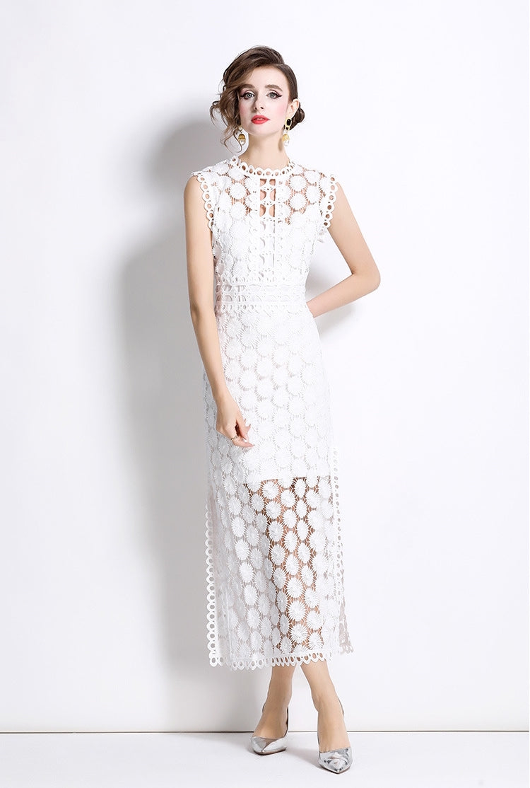 White Hollow-Out Lace Midi Dress
