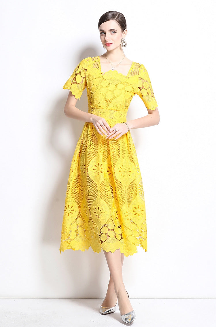 Vibrant Yellow Lace Midi Dress