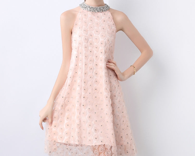 Blush Rosette Halter Dress with Pearl Belt