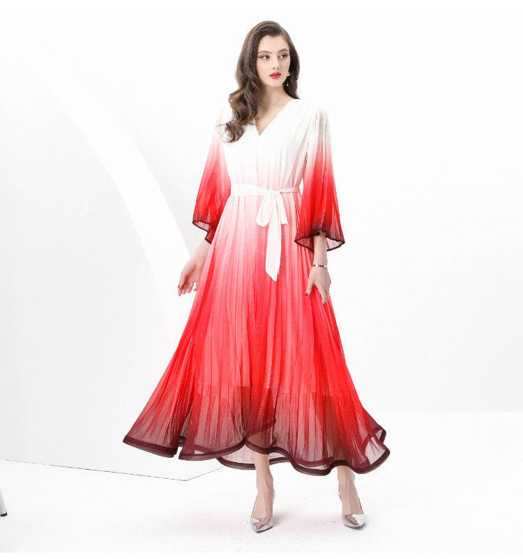 Scarlet Flame Ombre Pleated Maxi Dress