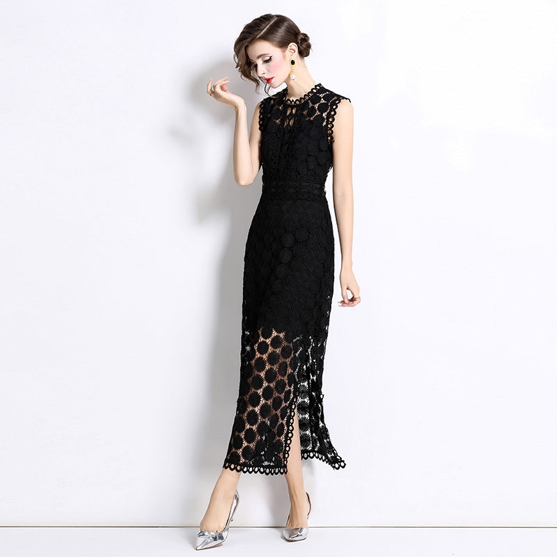 Black Hollow-Out Lace Midi Dress