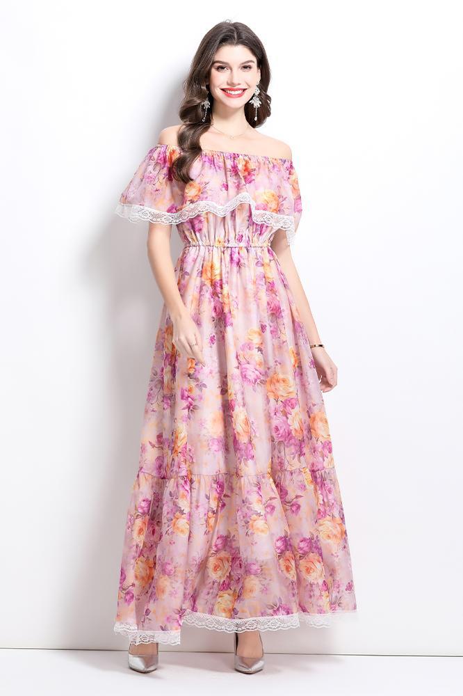 Romantic Floral Lace-Trimmed Maxi Dress