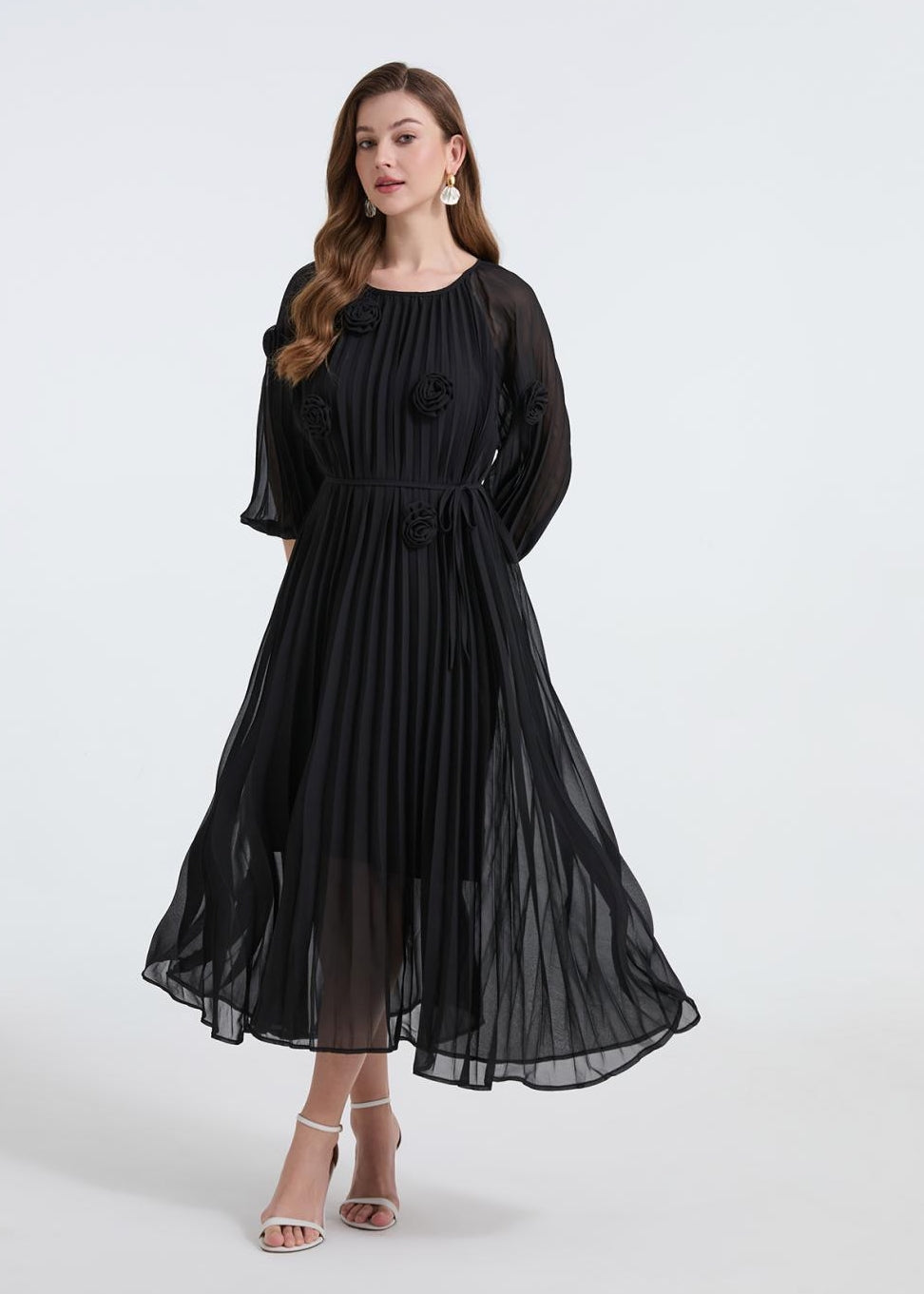 Midnight Bloom Pleated Chiffon Dress - 906472342218_BLACK