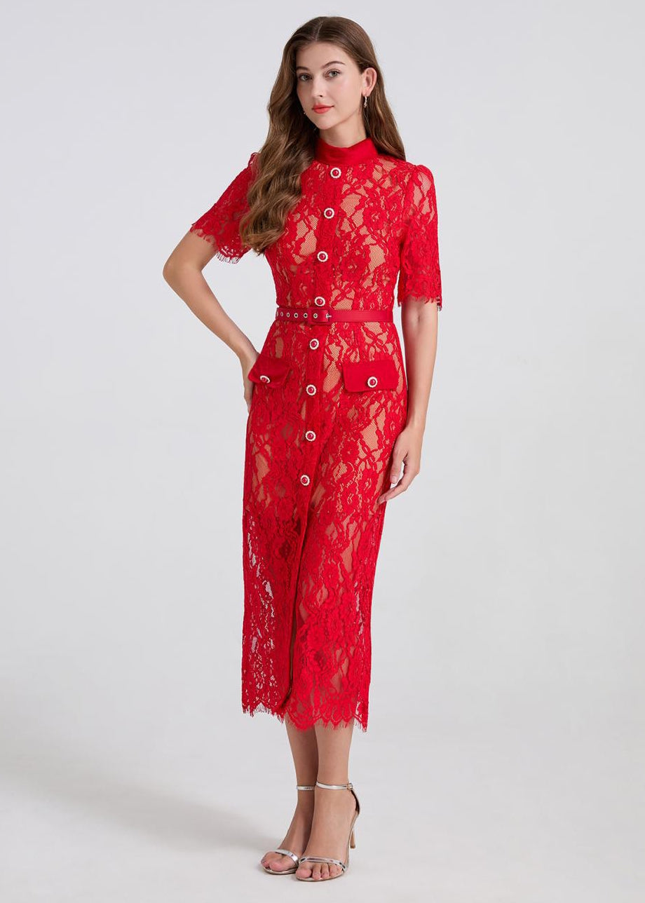 Scarlet Envy Lace Belted Dress