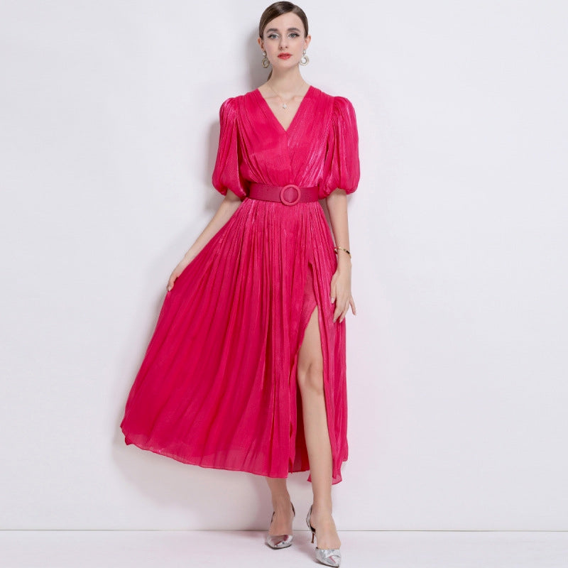 Radiant Rose Pleated Belted Dress - 920551704711_ROSERED