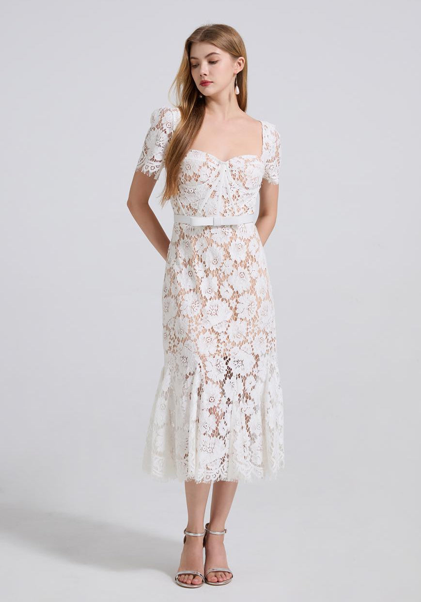 Ivory Grace Floral Lace Midi Dress - 912087138600_WHITE