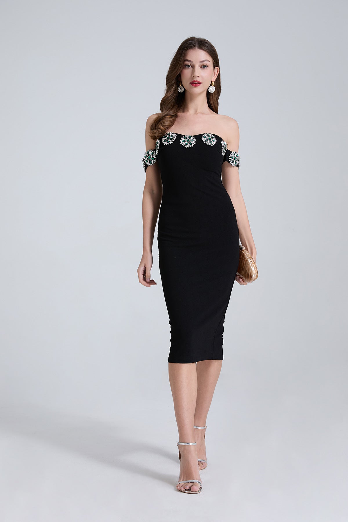 Off-Shoulder Embellished Midi Dress – Black