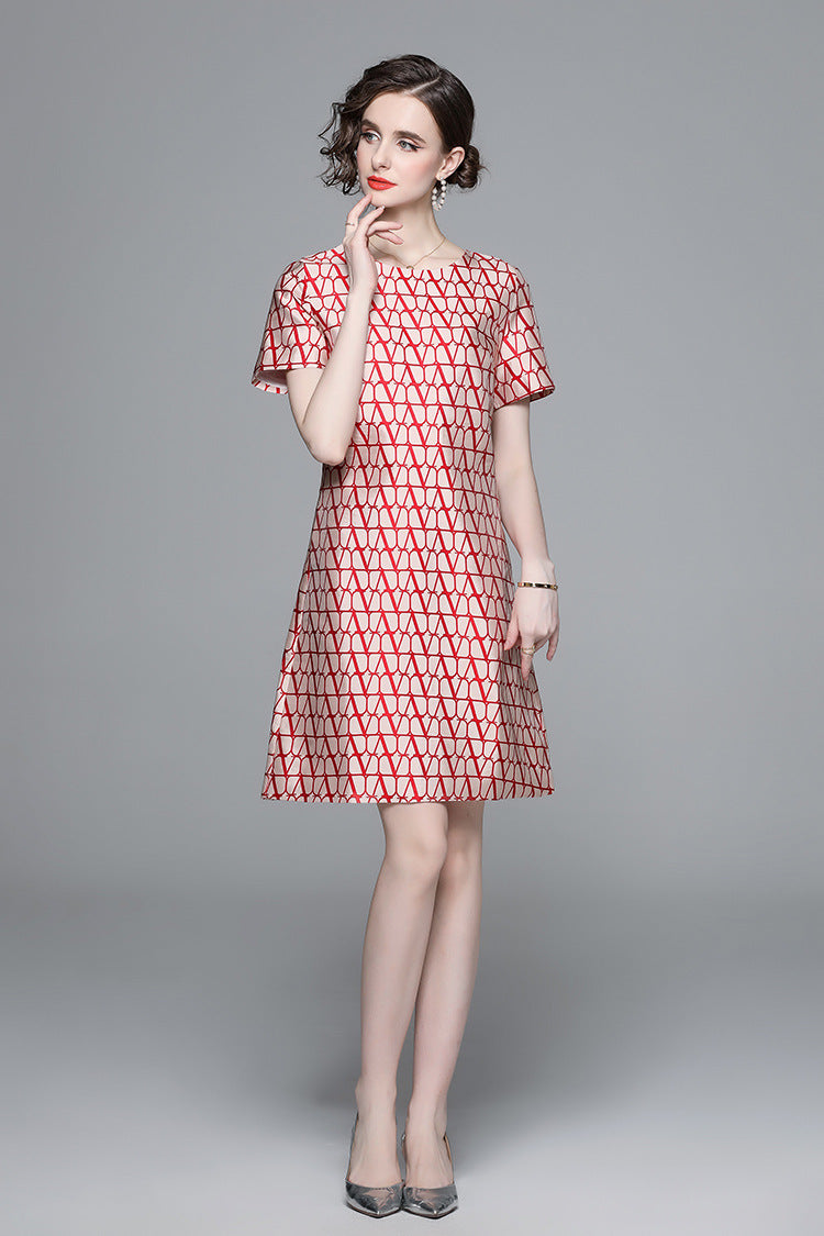 Elegant Red Geometric A-Line Dress