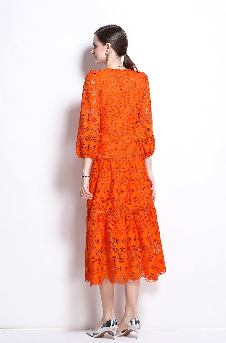 Bold Orange Embroidered Lace Dress
