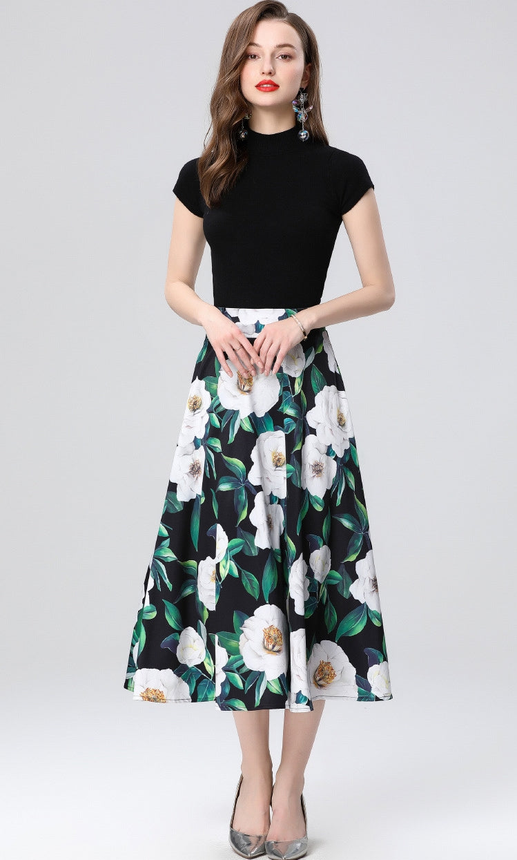 Elegant White Floral Midi Skirt Two Piece Set