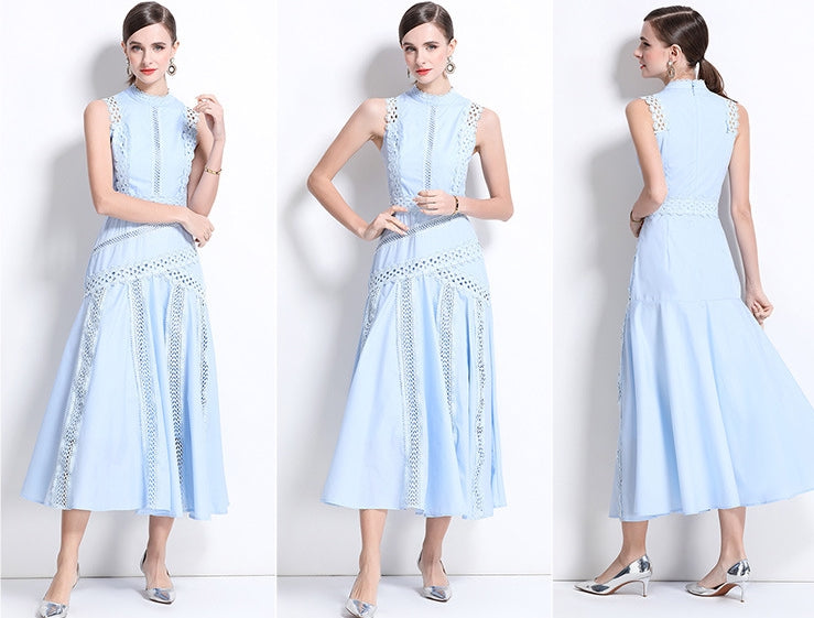 Light Blue Sleeveless Lace Midi Dress