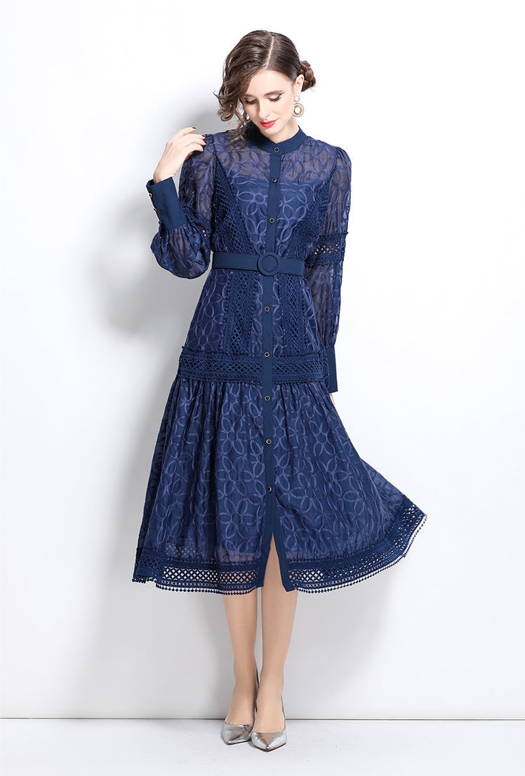 Elegant Navy Blue Lace Midi Dress with Belt