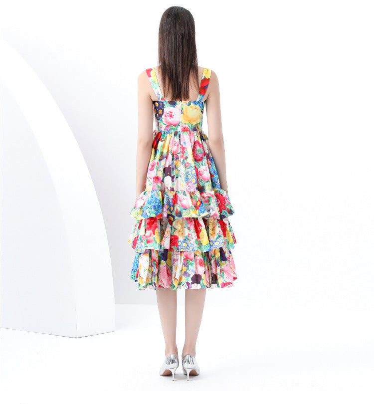Vibrant Floral Tiered Midi Dress