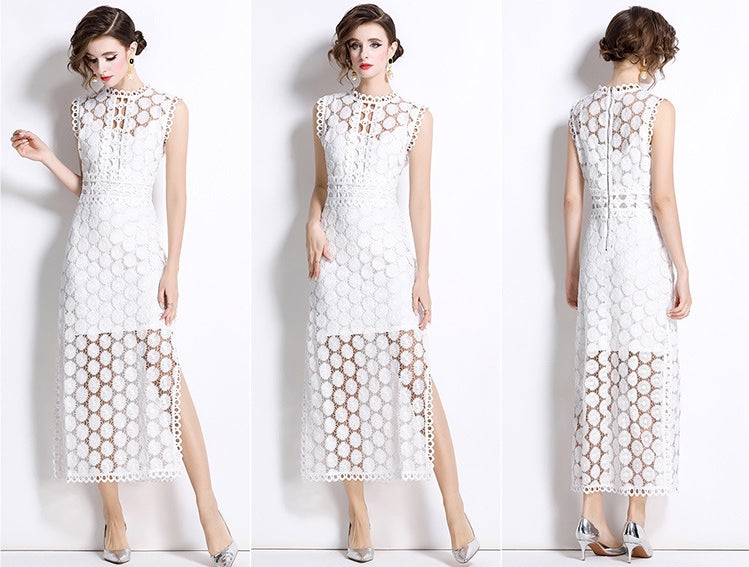 White Hollow-Out Lace Midi Dress