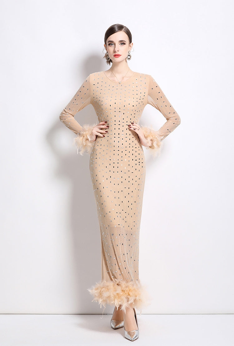 Heavy Embellished Stretchable Feather Sleeves Mesh Party Dress